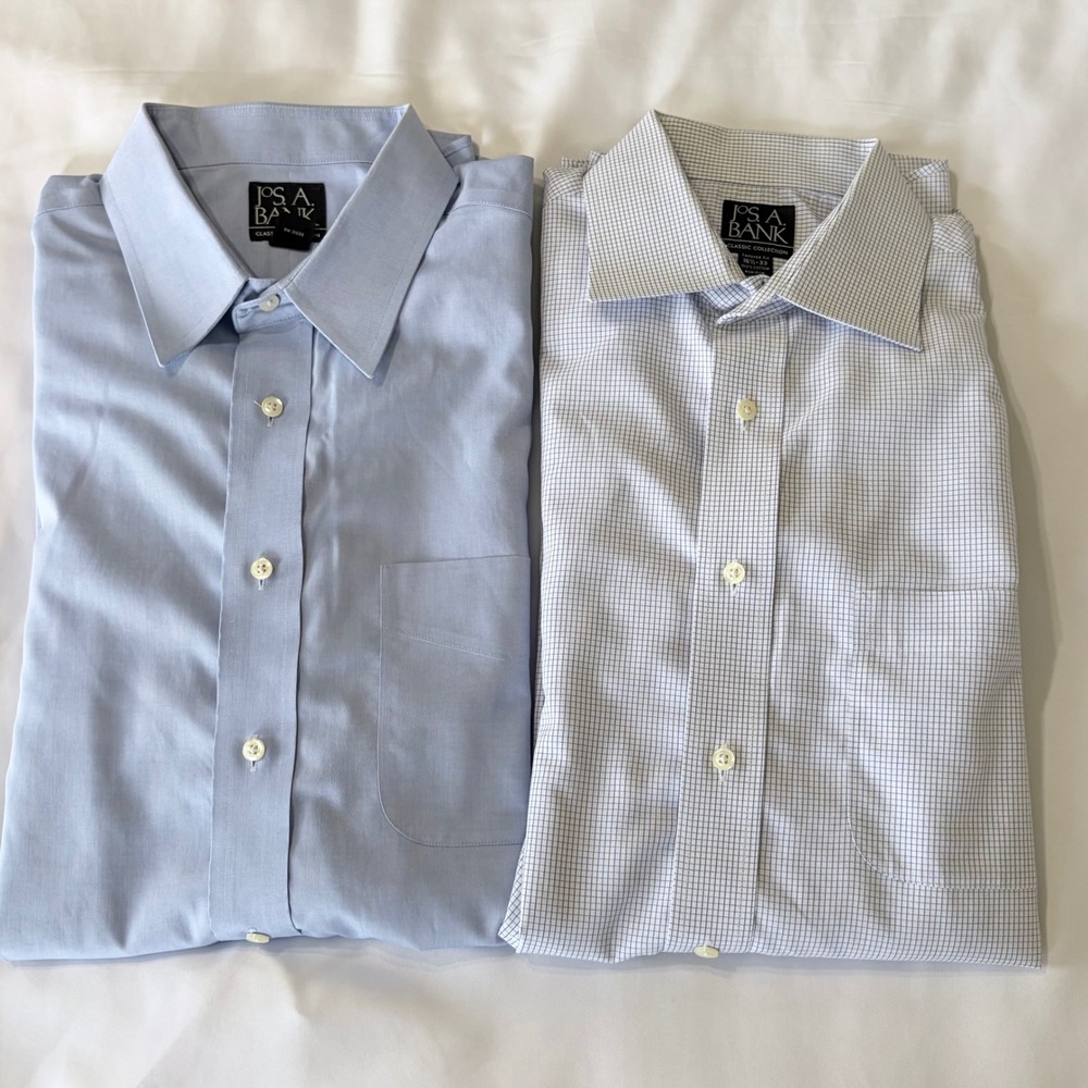 Jos. A. Bank 2pc Dress Shirt Set 16.5 33 Tailored Fit Blue Solid & Grid Cotton